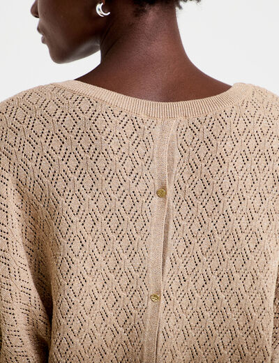 Pull ajour&eacute; col v manches courtes beige femme