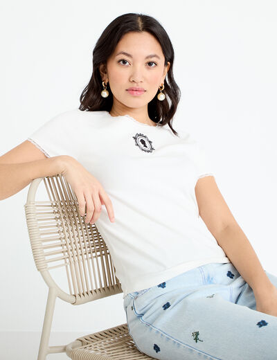 T-shirt col rond brod&eacute; Bridgerton ecru femme