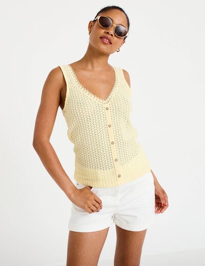 D&eacute;bardeur ajour&eacute; aspect dentelle col v jaune pastel femme