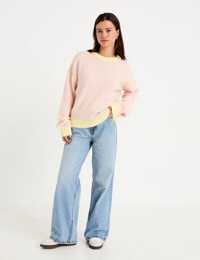 Pull ample col rond manches longues rose clair femme
