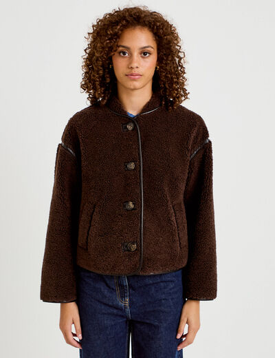 Veste effet polaire manches longues marron fonc&eacute; femme