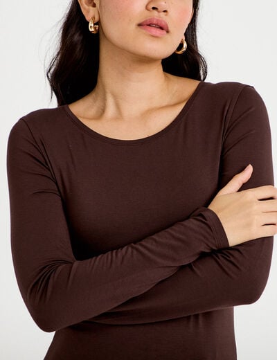 T-shirt uni &agrave; manches longues marron fonc&eacute; femme