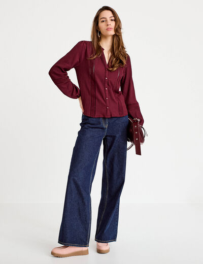 Blouse broderie col V manches longues bordeaux femme
