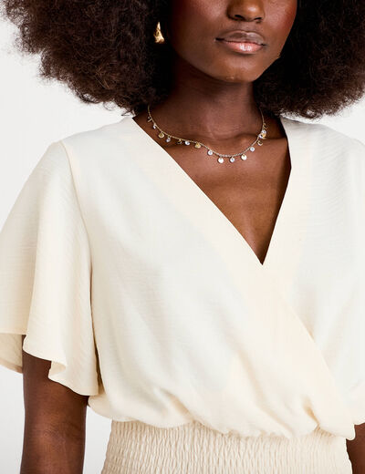 Blouse smock&eacute;e manches courtes ecru femme