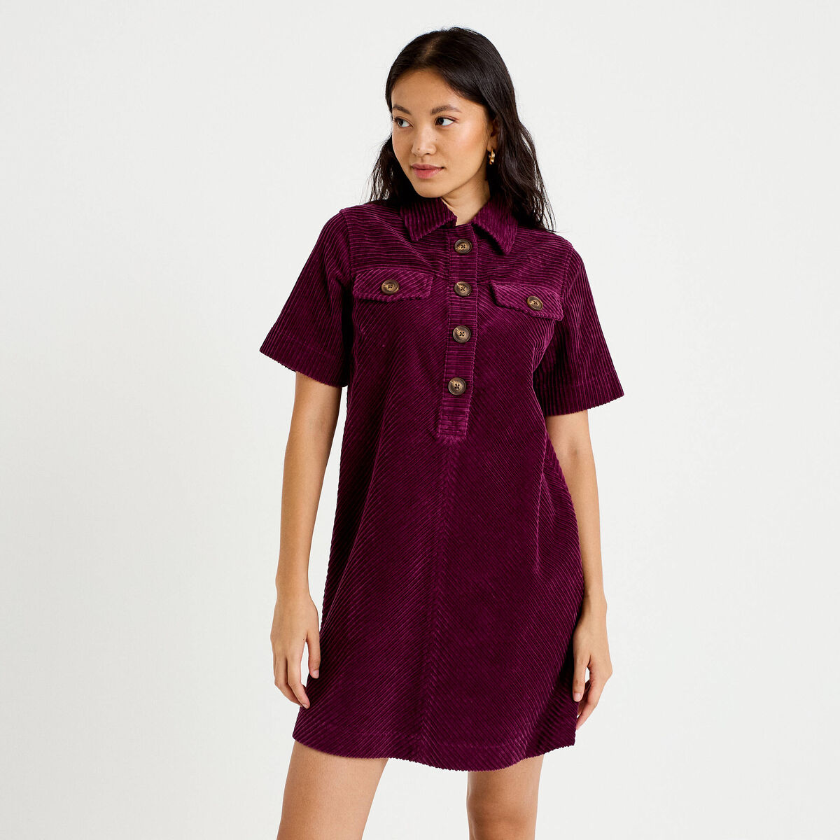 Robe courte droite en velours coton prune femme