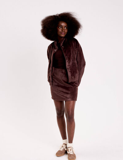 Veste fausse fourrure marron fonc&eacute; femme