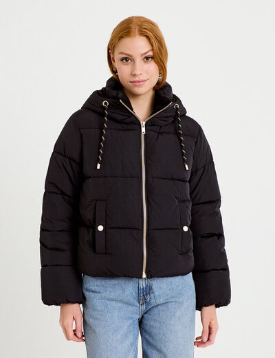 Doudoune droite cropped &agrave; capuche noir femme