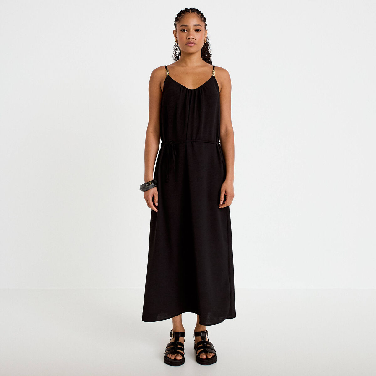 Robe longue &eacute;vas&eacute;e &agrave; fines bretelles noir femme