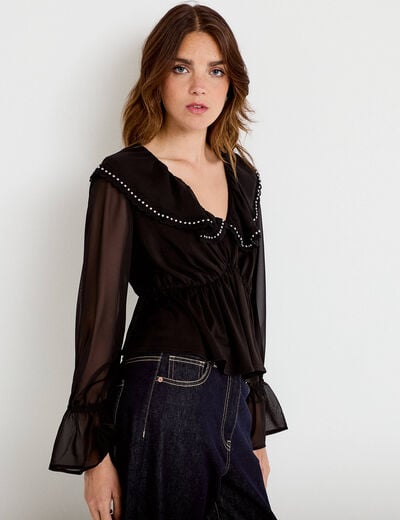 Blouse col claudine bas resserr&eacute; noir femme