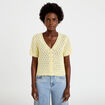 Gilet ajour&eacute; col v manches courtes jaune pastel femme