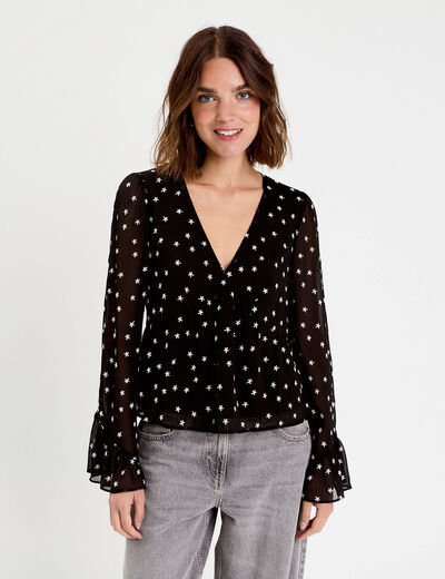 Blouse brod&eacute;e volant&eacute;e noir femme