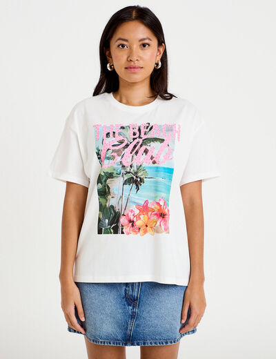 T-shirt col rond manches courtes ecru femme