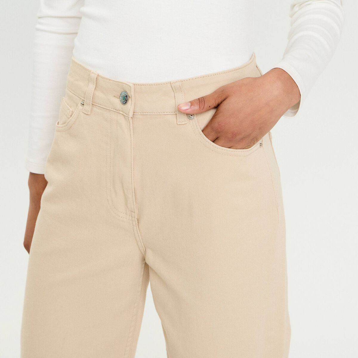 Jean wide leg taille haute beige femme