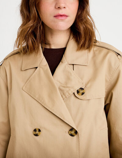 Trench droit court col tailleur sable femme