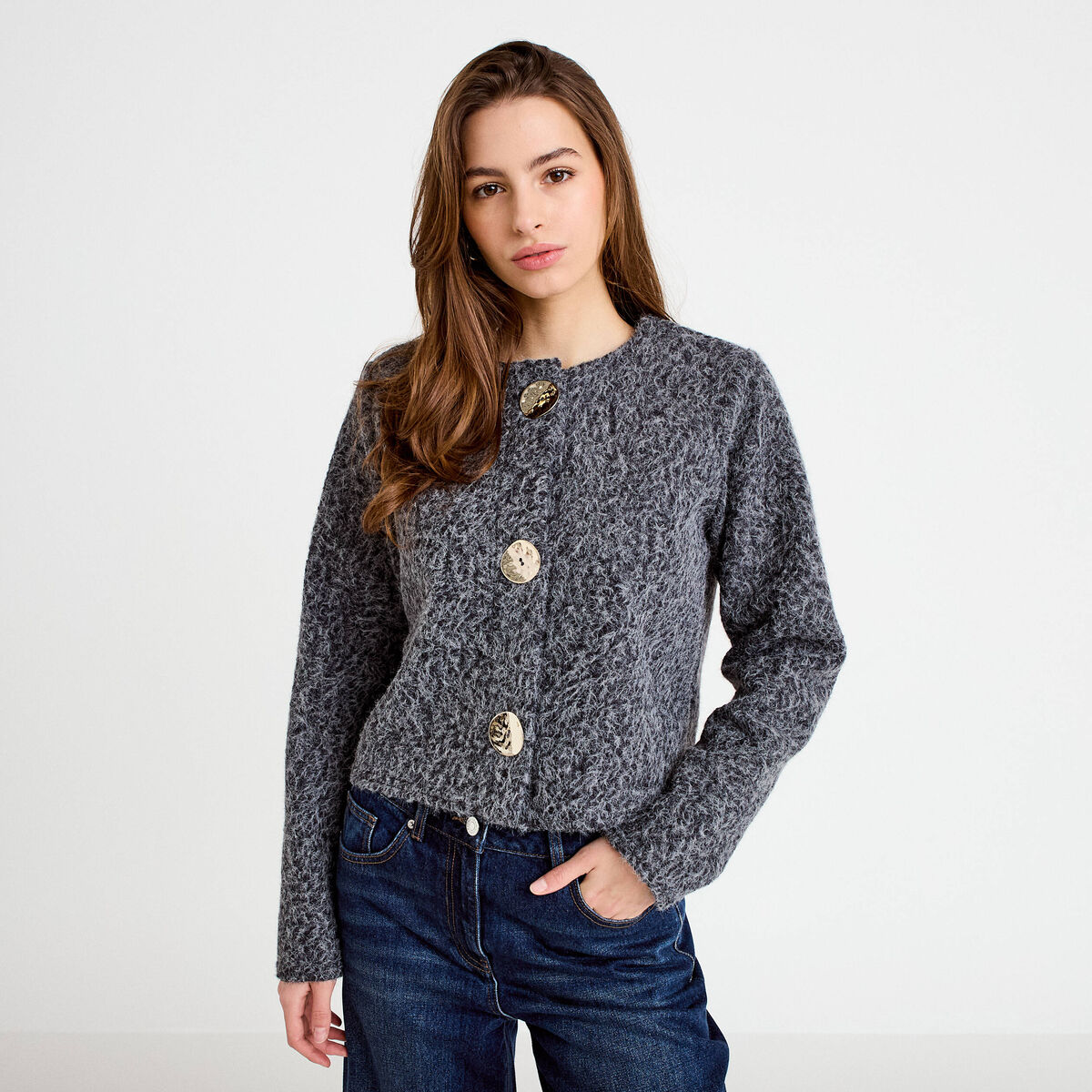 Veste effet polaire gris fonc&eacute; femme