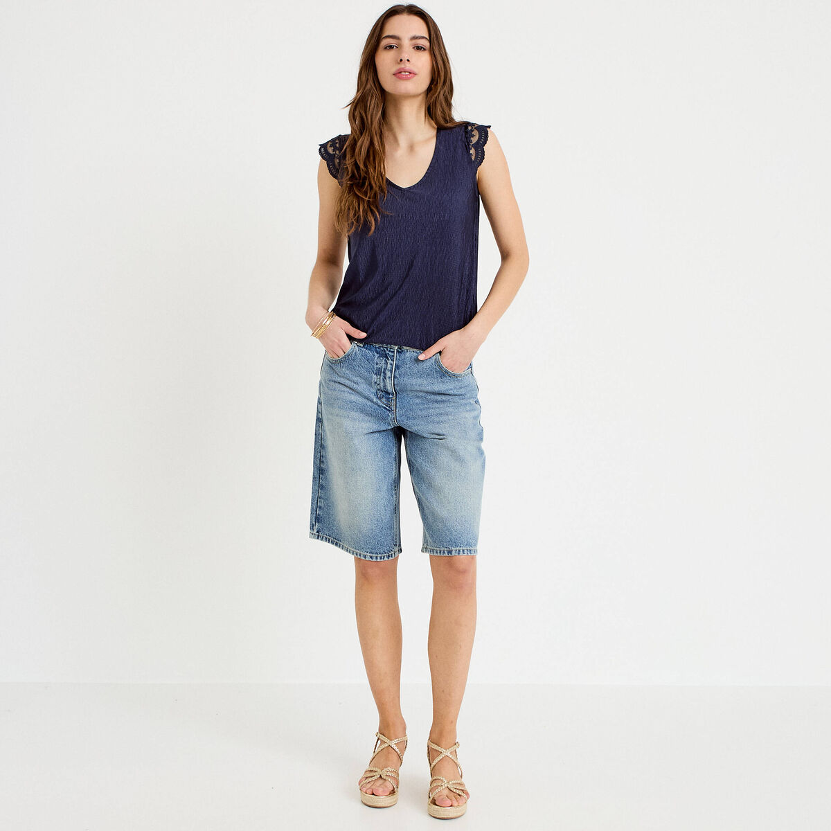 Blouse sans manches pliss&eacute;e bleu marine femme