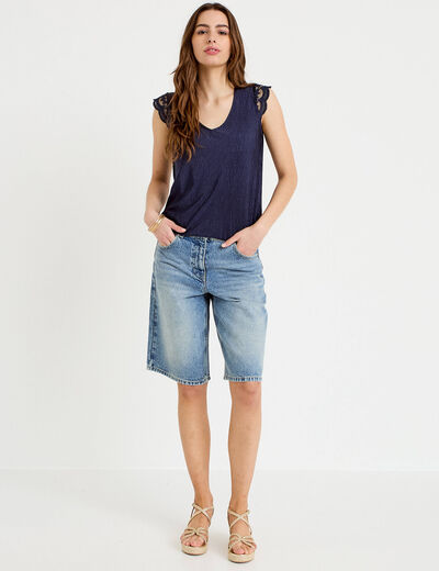 Blouse sans manches pliss&eacute;e bleu marine femme