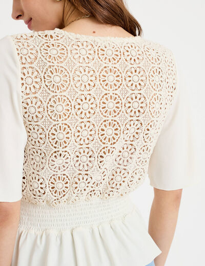 Blouse col v manches courtes ecru femme