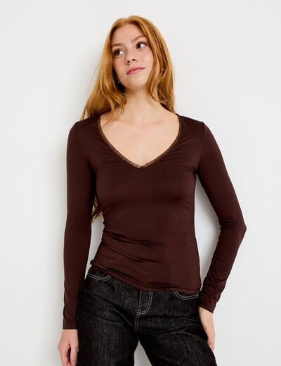 T-shirt thermique col en V plumetis marron fonc&eacute; femme