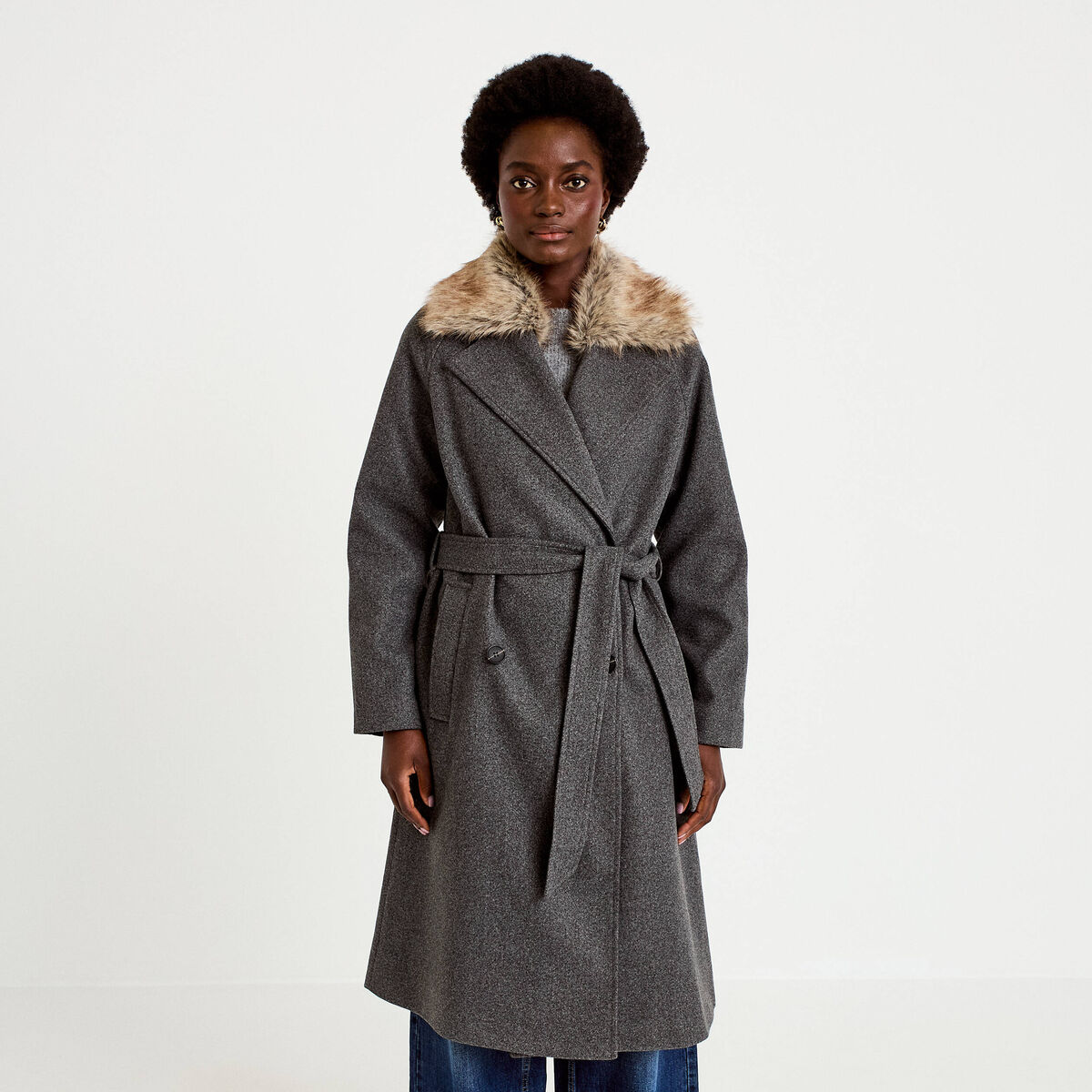 Manteau droit mi-long &agrave; manches longues gris femme