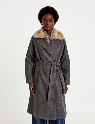 Manteau droit mi-long &agrave; manches longues gris femme