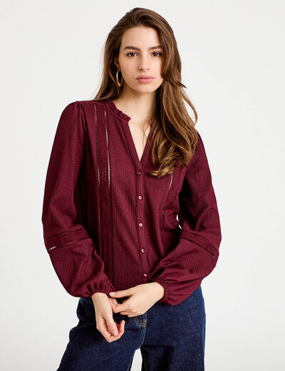 Blouse broderie col V manches longues bordeaux femme
