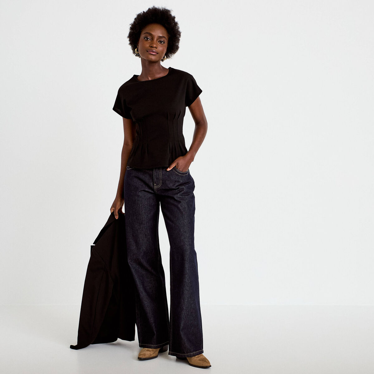 Top ajust&eacute; col rond manches courtes noir femme