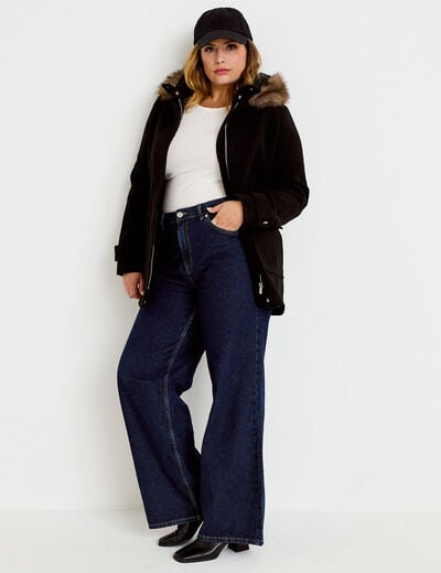 Manteau mi-long &agrave; capuche noir femme