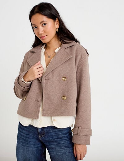 Trench court boutonn&eacute; taupe femme
