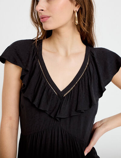 Robe longue &eacute;vas&eacute;e col v manches courtes noir femme