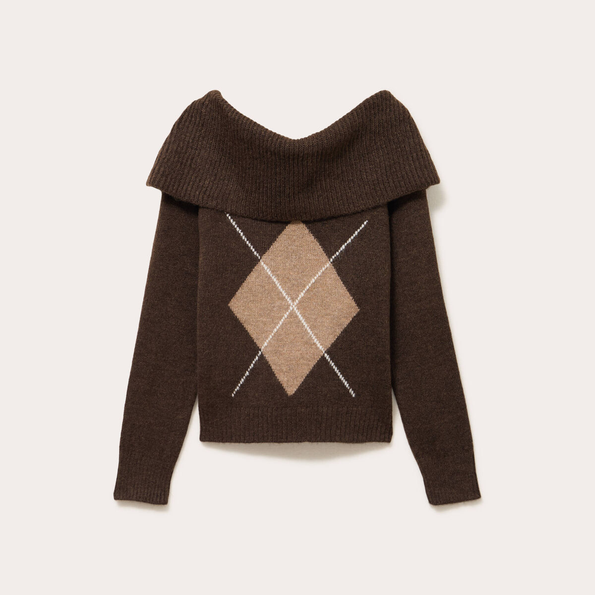 Pull col bardot &agrave; motif manches longues marron femme