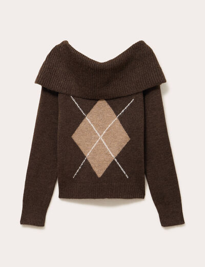 Pull col bardot &agrave; motif manches longues marron femme