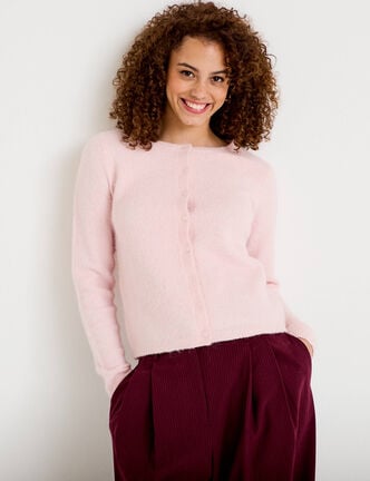 Gilet col rond manches longues rose clair femme