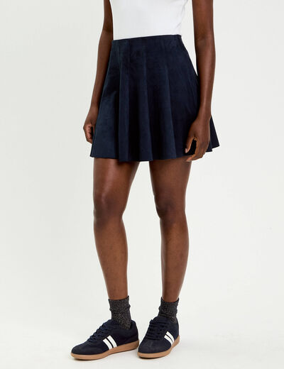 Jupe courte &eacute;vas&eacute;e aspect daim bleu marine femme