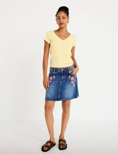 T-shirt ajust&eacute; col v manches courtes jaune clair femme