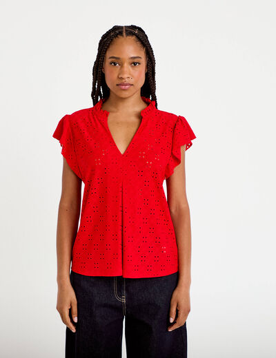 Blouse ajour&eacute;e col v manches courtes rouge femme