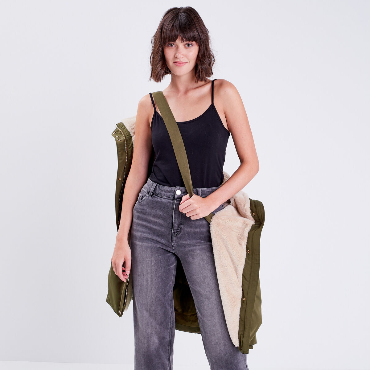 Parka &agrave; capuche fausse fourrure vert kaki femme