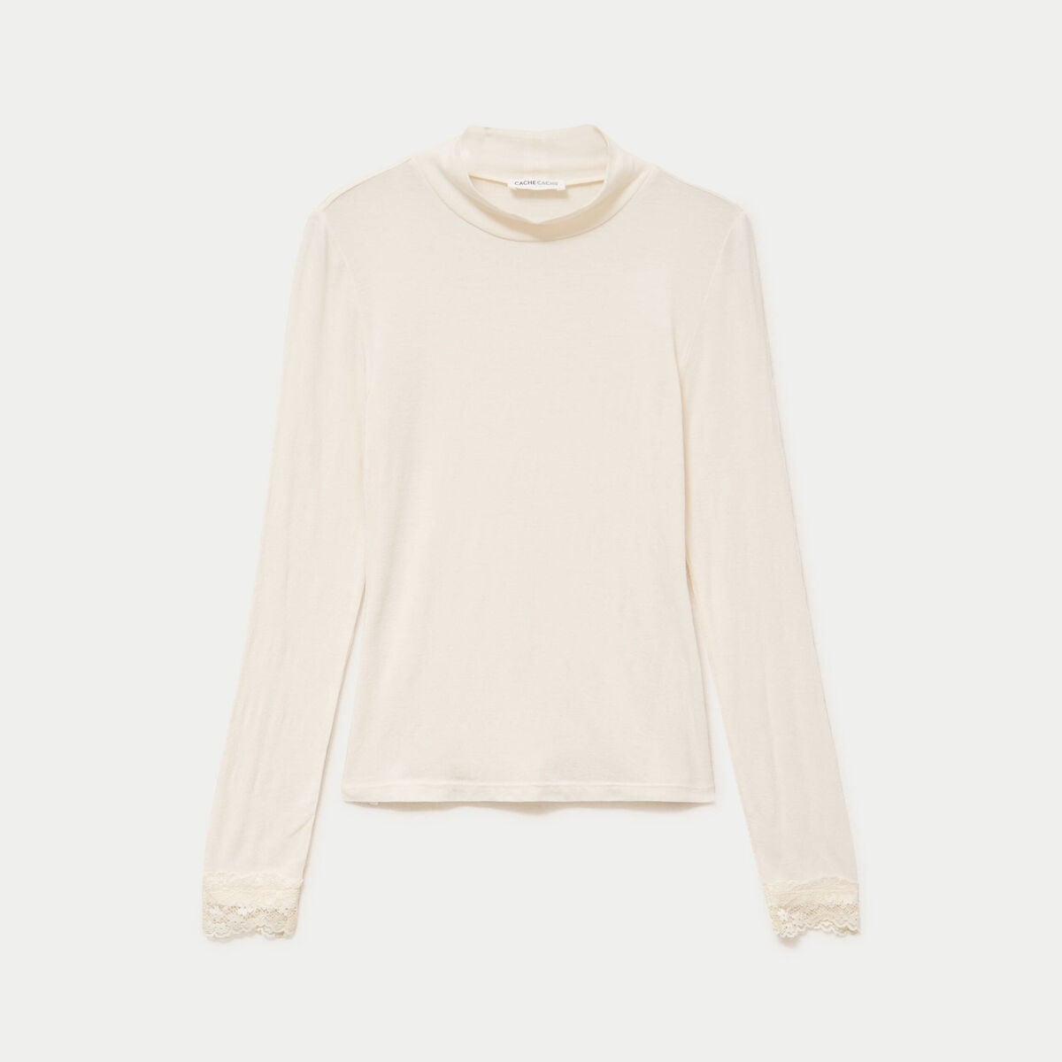 T-shirt ajust&eacute; col roul&eacute; dentelle ecru femme