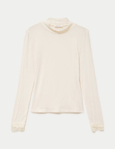 T-shirt ajust&eacute; col roul&eacute; dentelle ecru femme