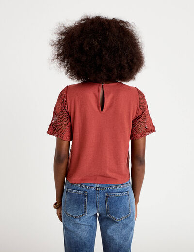 T-shirt manches courtes aspect dentelle vieux rose femme