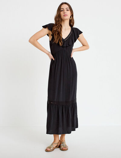 Robe longue &eacute;vas&eacute;e col v manches courtes noir femme