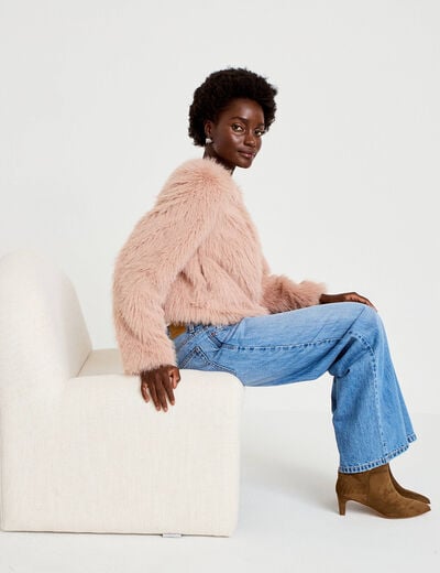 Veste droite fausse fourrure col rond rose poudr&eacute;e femme