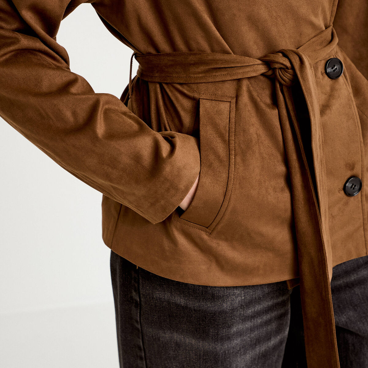 Veste col montant aspect daim marron femme