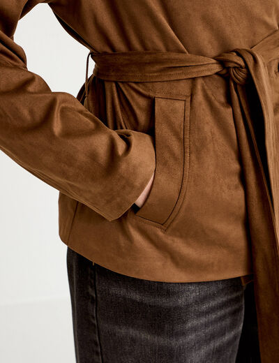 Veste col montant aspect daim marron femme