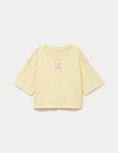 Sweat oversize cropped col rond jaune clair femme