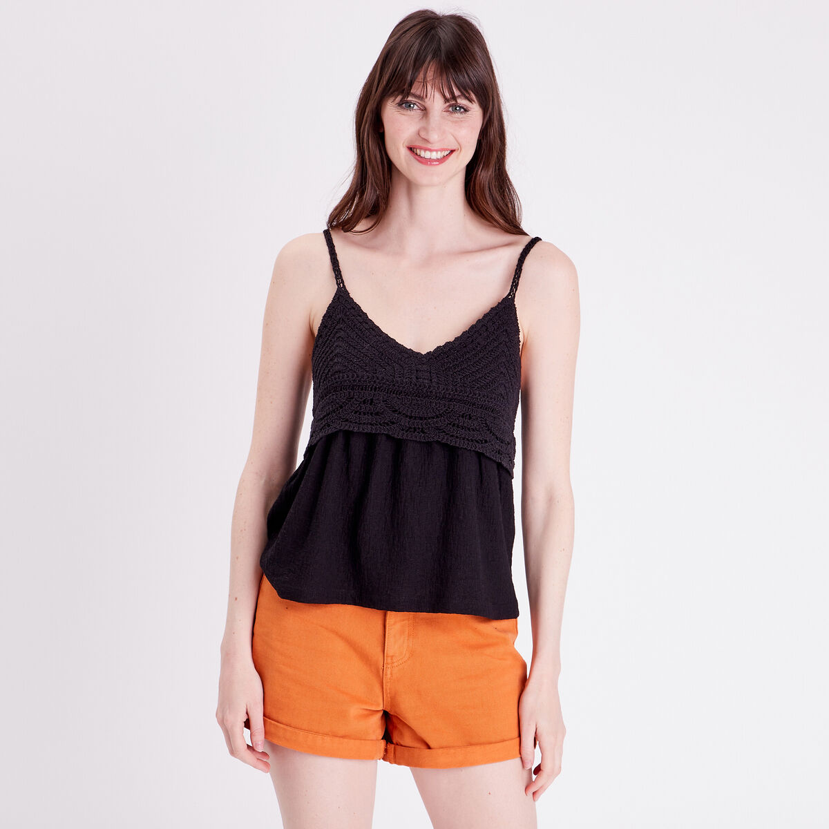 D&eacute;bardeur col aspect crochet noir femme