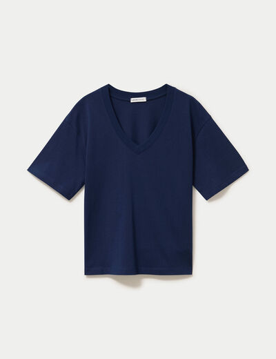 T-shirt col v manches courtes bleu fonc&eacute; femme
