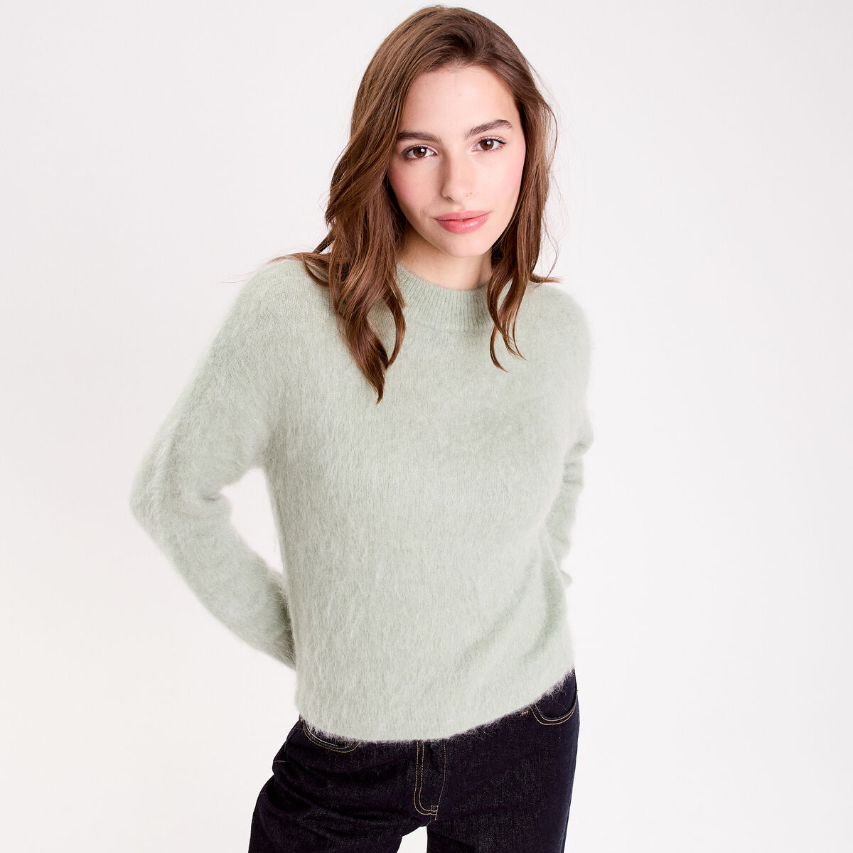 Pull duveteux vert pastel femme