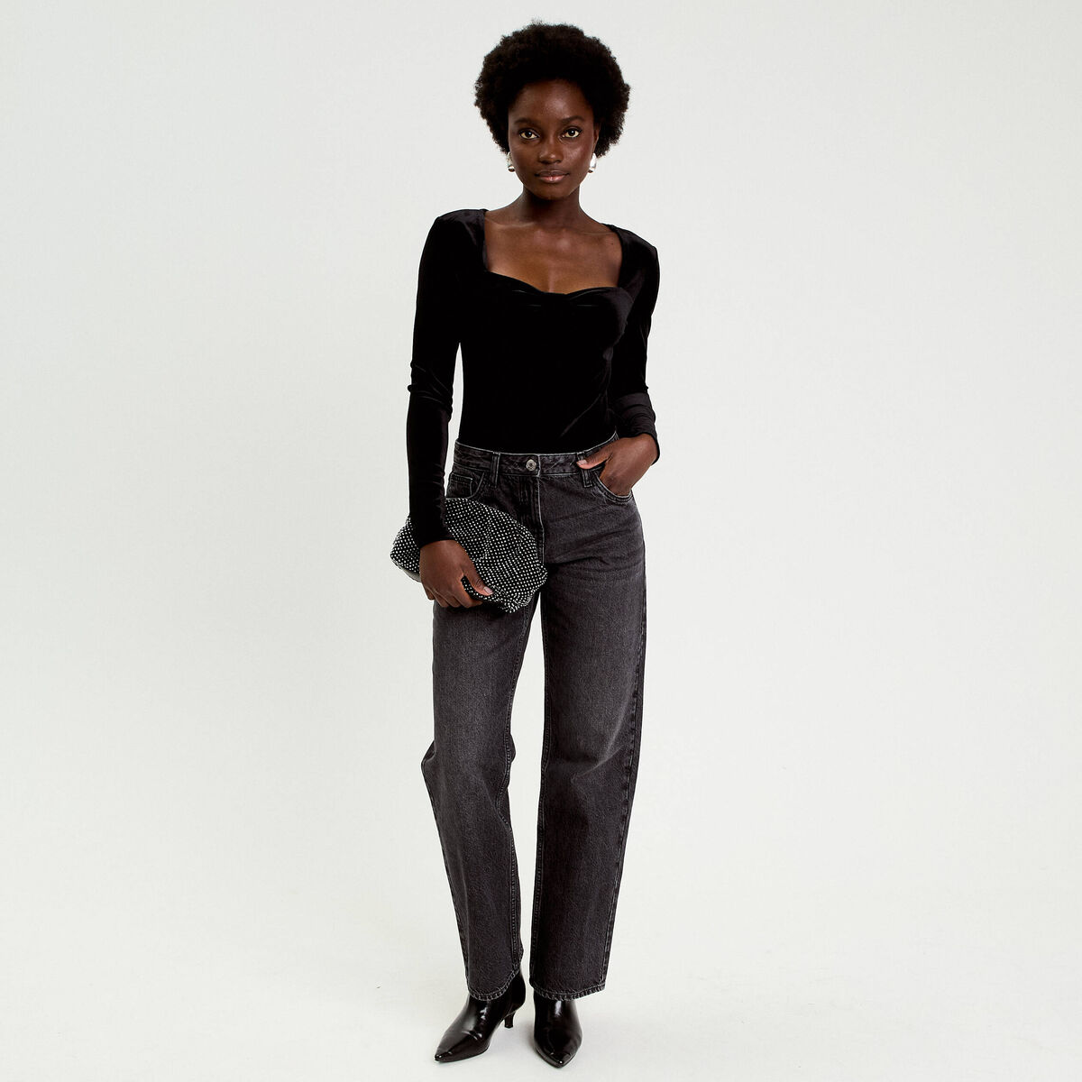 Top ajust&eacute; velours noir femme