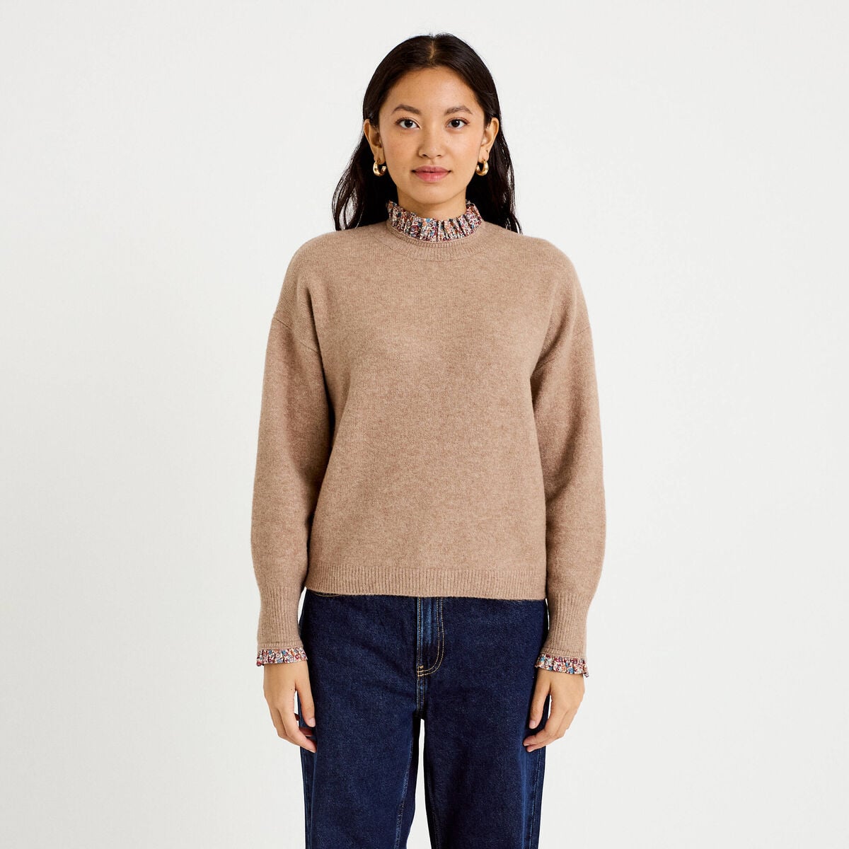 Pull col rond manches longues beige femme